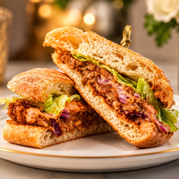 Two crispy chicken sandwiches with lettuce and red cabbage on a white plate in a warmly lit restaurant setting.