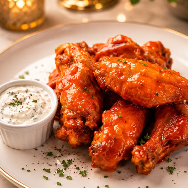 Glazed buffalo chicken wings garnished with herbs, served on a plate alongside creamy dipping sauce.