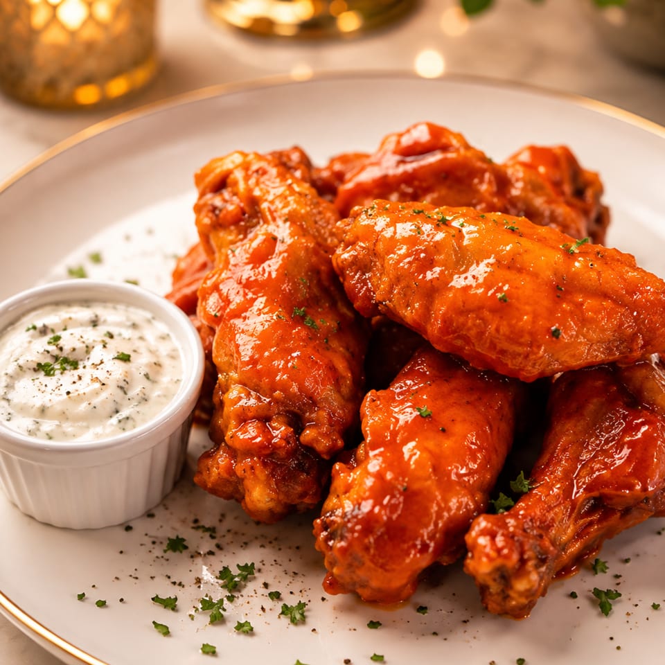 Glazed buffalo chicken wings garnished with herbs, served on a plate alongside creamy dipping sauce.