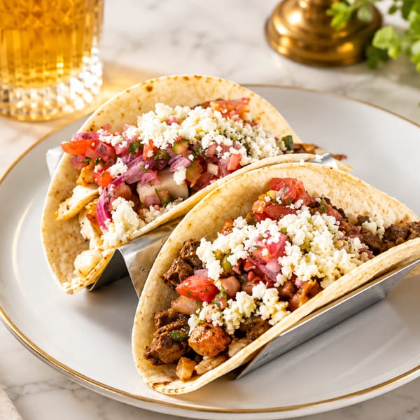 Three soft tacos filled with seasoned meat, pico de gallo, pickled onions, and crumbled white cheese on a plate.