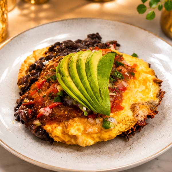Mexican-inspired dish topped with sliced avocado, black beans, salsa, and herbs on a ceramic plate.