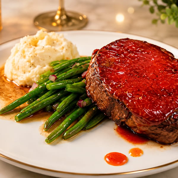 Glazed steak served with green beans, mashed potatoes, and sauce on an elegant white plate.