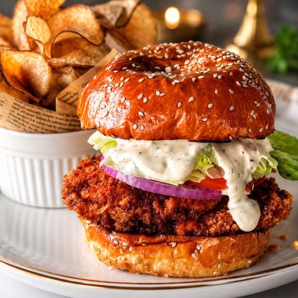Crispy fried chicken burger with sesame bun, lettuce, tomato, red onion, creamy sauce, and potato chips on a plate.