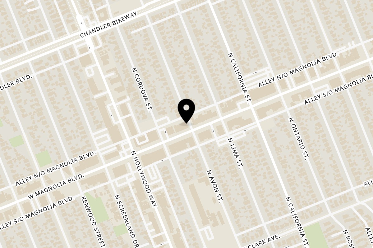 Map showing the location of The New Deal Restaurant and Wine Bar on 3501 Magnolia Blvd in Burbank